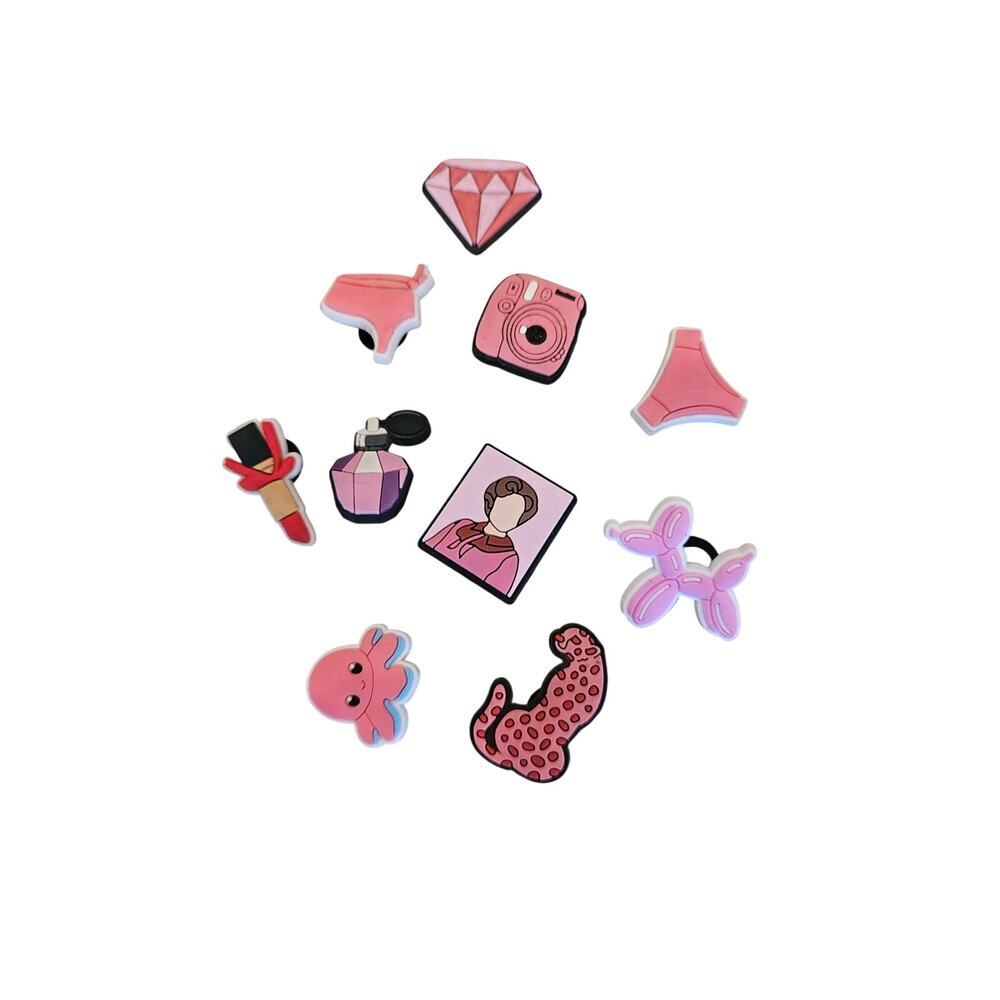 Lot of 10 random theme pink girly croc shoe charms stickers fun statement